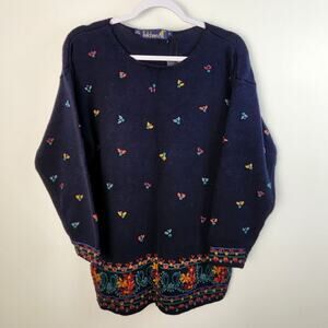 Tulchan Navy Blue Oversized Knit Colorful Sweater Size Medium Cottage Fall Cozy
